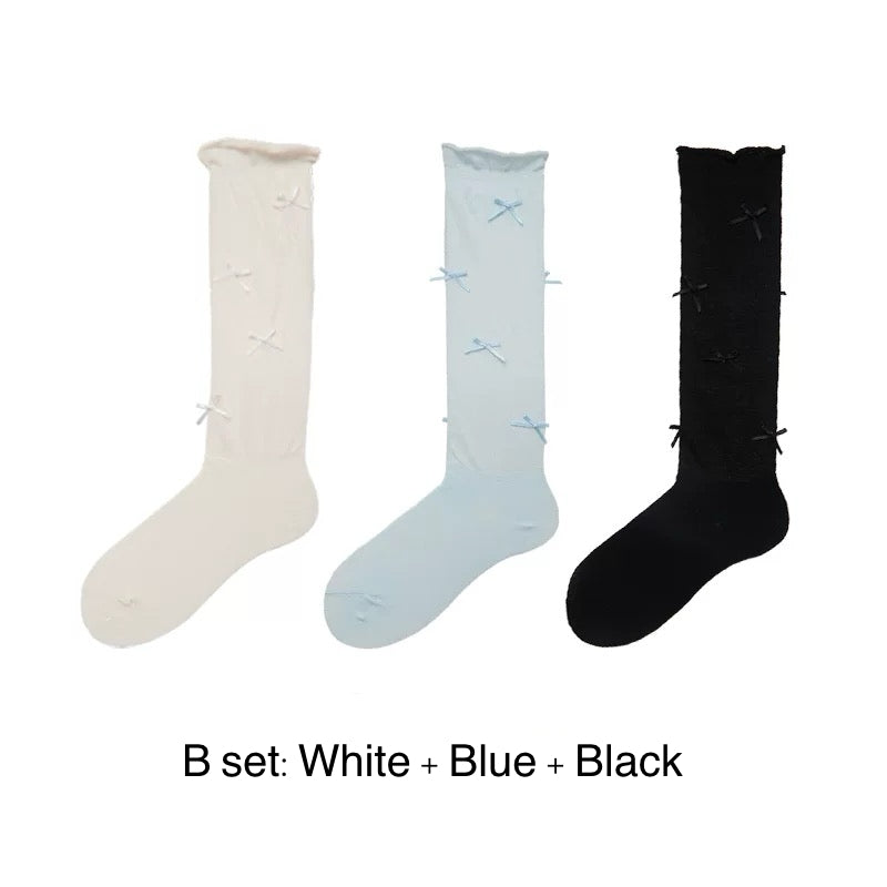 Kawaii Ballet Style Bow Socks 3 Pairs Cotton Thin Summer Slouchy Crew Socks for Girls